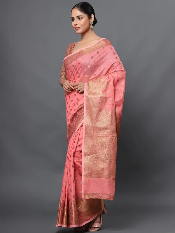 French_Pink_Cotton_Silk_Premium_&_Elegant_(_Zari_Tree_Pattern_Border_Rich_Pallu_)_Banarasi_Saree_With_Blouse_Piece_For_Women