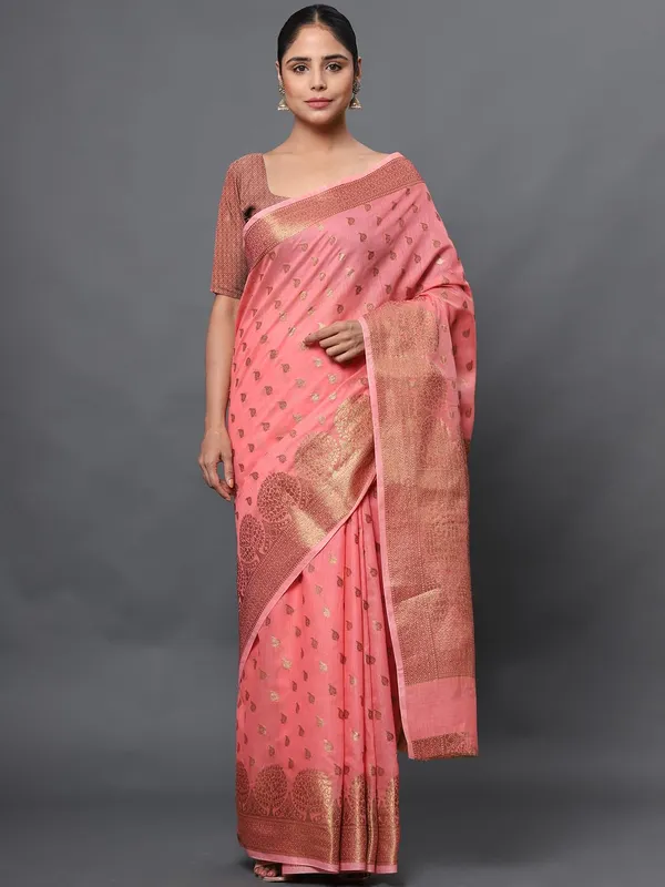 French_Pink_Cotton_Silk_Premium_&_Elegant_(_Zari_Tree_Pattern_Border_Rich_Pallu_)_Banarasi_Saree_With_Blouse_Piece_For_Women