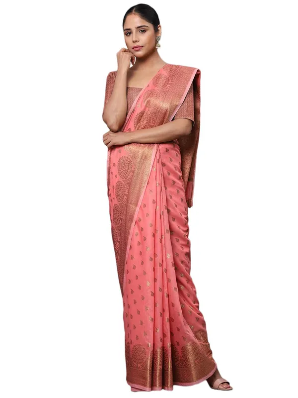 French_Pink_Cotton_Silk_Premium_&_Elegant_(_Zari_Tree_Pattern_Border_Rich_Pallu_)_Banarasi_Saree_With_Blouse_Piece_For_Women