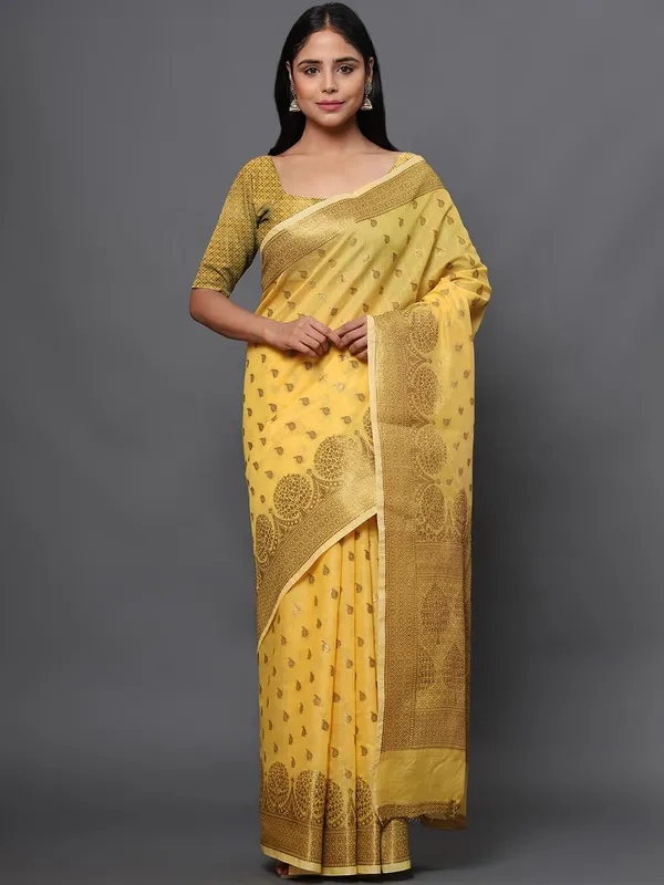 Dark_Yellow_Cotton_Silk_Premium_&_Elegant_(_Zari_Tree_Pattern_Border_Rich_Pallu_)_Banarasi_Saree_With_Blouse_Piece_For_Women