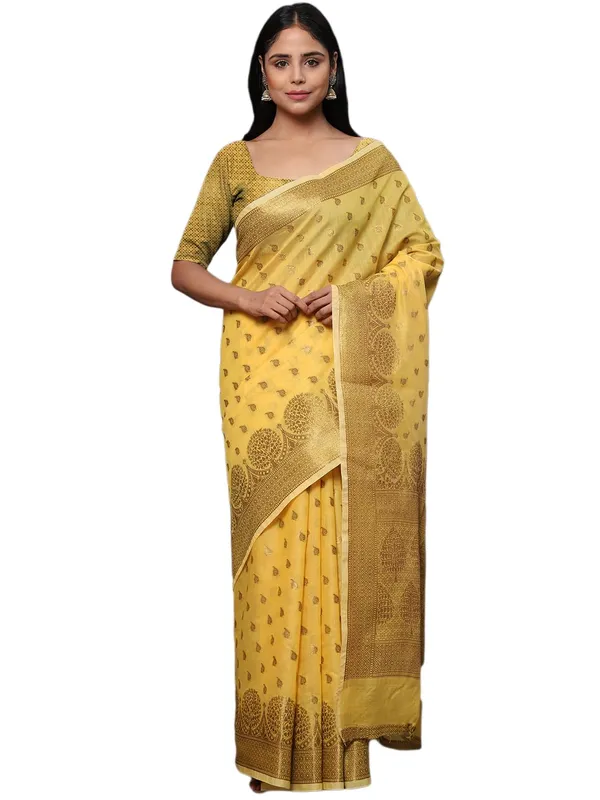 Dark_Yellow_Cotton_Silk_Premium_&_Elegant_(_Zari_Tree_Pattern_Border_Rich_Pallu_)_Banarasi_Saree_With_Blouse_Piece_For_Women
