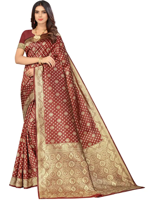 Maroon_Silk_Premium_&_Elegant_(_Contemporary_Zari_Ethnic_Motif_Woven_Desig_)_N_Banarasi_Kota_Litchi_Saree_With_Blouse_Piece_For_Women