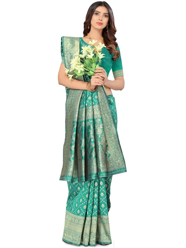 Rama_Green_Silk_Premium_&_Elegant_(_Contemporary_Zari_Ethnic_Motif_Woven_Design_)_Banarasi_Saree_With_Blouse_Piece_For_Women