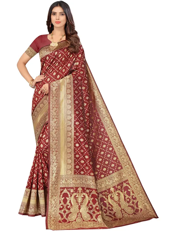 Maroon_Silk_Premium_&_Elegant_(_Contemporary_Zari_Ethnic_Motif_Woven_Design_)_Banarasi_Saree_With_Blouse_Piece_For_Women