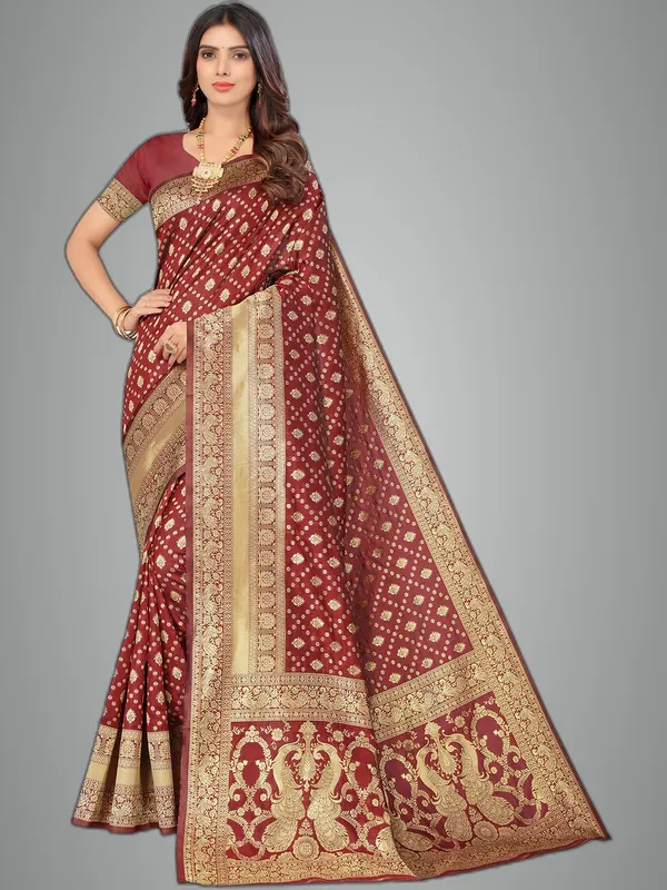 Maroon_Silk_Premium_&_Elegant_(_Contemporary_Zari_Ethnic_Motif_Woven_Design_)_Banarasi_Saree_With_Blouse_Piece_For_Women
