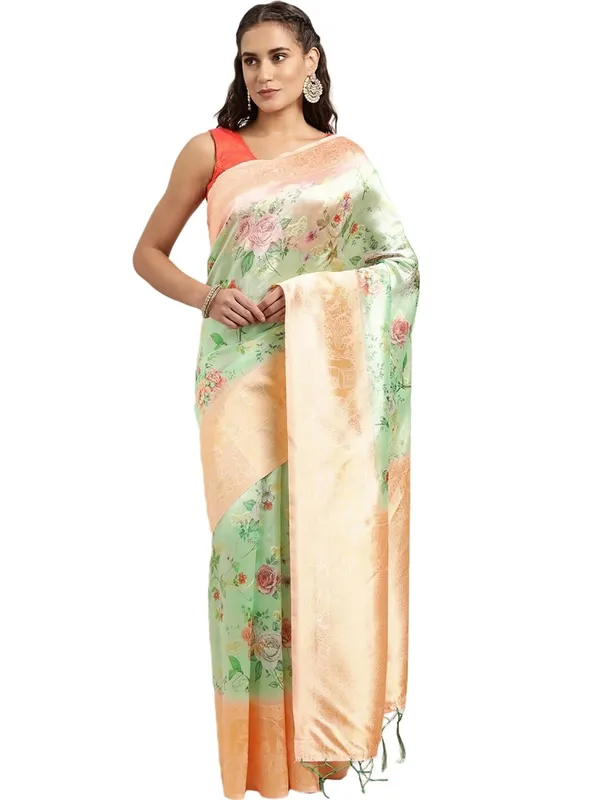 Green_Cotton_Silk_Premium_&_Elegant_(_Digital_Printed_Zari_Woven_Border_And_Rich_Pallu_)_Banarasi_Saree_With_Blouse_Piece_For_Women