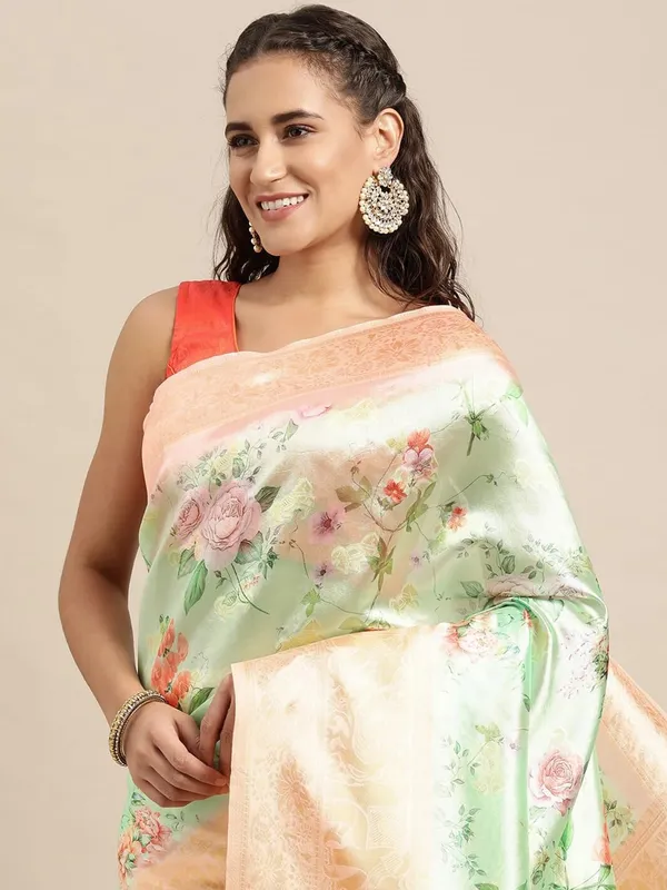 Green_Cotton_Silk_Premium_&_Elegant_(_Digital_Printed_Zari_Woven_Border_And_Rich_Pallu_)_Banarasi_Saree_With_Blouse_Piece_For_Women