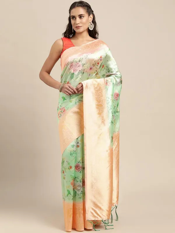 Green_Cotton_Silk_Premium_&_Elegant_(_Digital_Printed_Zari_Woven_Border_And_Rich_Pallu_)_Banarasi_Saree_With_Blouse_Piece_For_Women