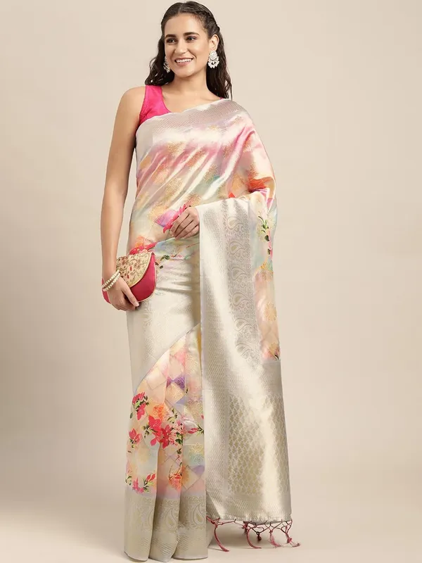Multicolor_Cotton_Silk_Premium_&_Elegant_(_Digital_Printed_Zari_Woven_Border_And_Rich_Pallu_)_Banarasi_Saree_With_Blouse_Piece_For_Women