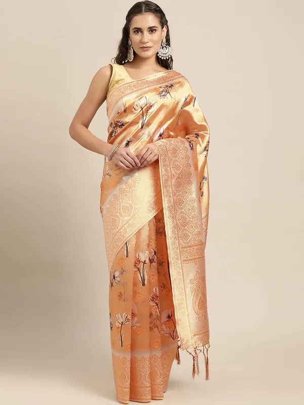 Orange_Cotton_Silk_Premium_&_Elegant_(_Digital_Printed_Zari_Woven_Border_And_Rich_Pallu_)_Banarasi_Saree_With_Blouse_Piece_For_Women