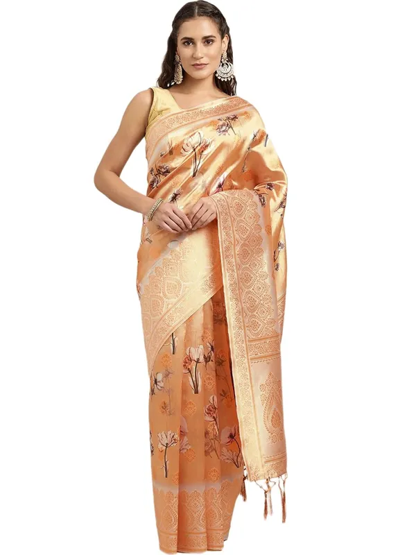 Orange_Cotton_Silk_Premium_&_Elegant_(_Digital_Printed_Zari_Woven_Border_And_Rich_Pallu_)_Banarasi_Saree_With_Blouse_Piece_For_Women