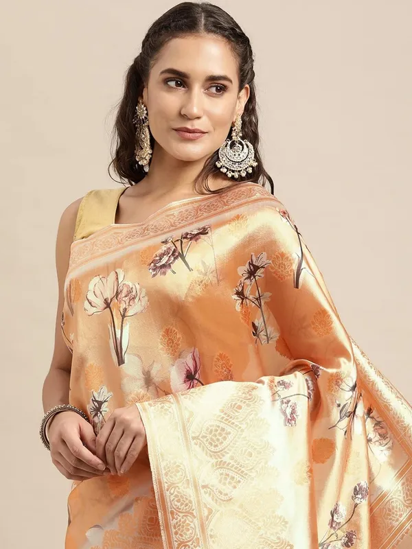 Orange_Cotton_Silk_Premium_&_Elegant_(_Digital_Printed_Zari_Woven_Border_And_Rich_Pallu_)_Banarasi_Saree_With_Blouse_Piece_For_Women