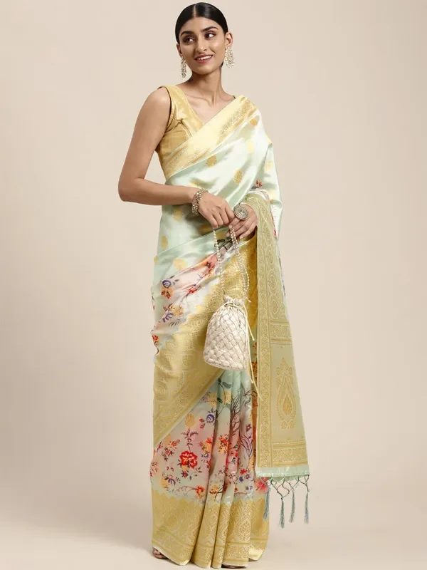 Light_Pista_Green_Cotton_Silk_Premium_&_Elegant_(_Digital_Printed_Zari_Woven_Border_And_Rich_Pallu_)_Banarasi_Saree_With_Blouse_Piece_For_Women