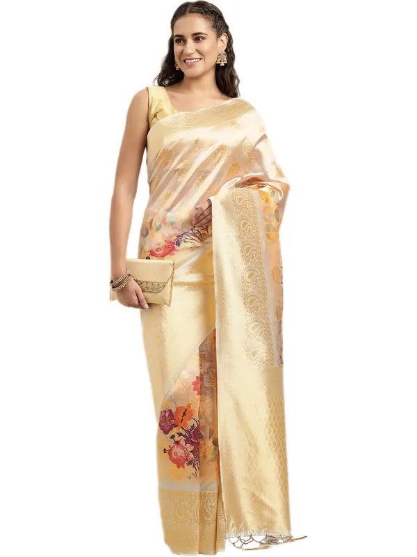 Golden_Cotton_Silk_Premium_&_Elegant_(_Digital_Printed_Zari_Woven_Border_And_Rich_Pallu_)_Banarasi_Saree_With_Blouse_Piece_For_Women