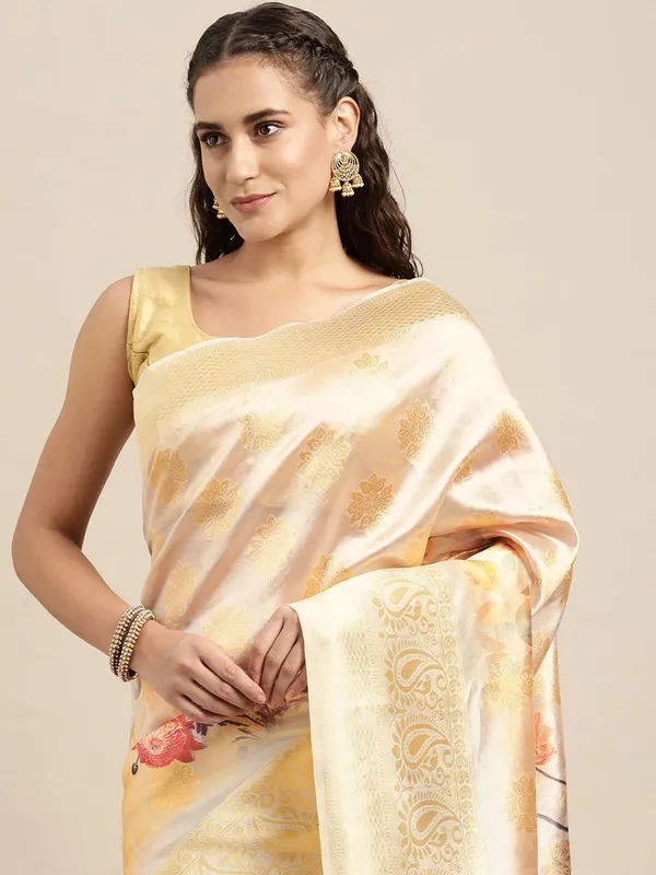 Golden_Cotton_Silk_Premium_&_Elegant_(_Digital_Printed_Zari_Woven_Border_And_Rich_Pallu_)_Banarasi_Saree_With_Blouse_Piece_For_Women