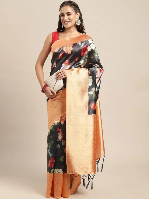 Black_Cotton_Silk_Premium_&_Elegant_(_Digital_Printed_Zari_Woven_Border_And_Rich_Pallu_)_Banarasi_Saree_With_Blouse_Piece_For_Women