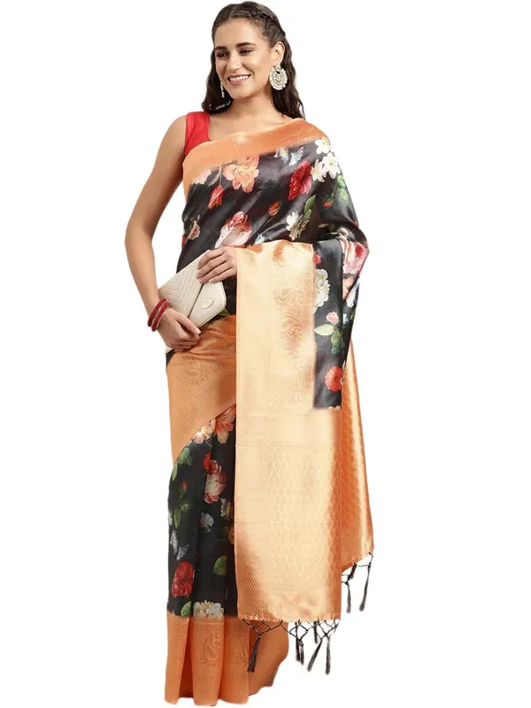 Black_Cotton_Silk_Premium_&_Elegant_(_Digital_Printed_Zari_Woven_Border_And_Rich_Pallu_)_Banarasi_Saree_With_Blouse_Piece_For_Women