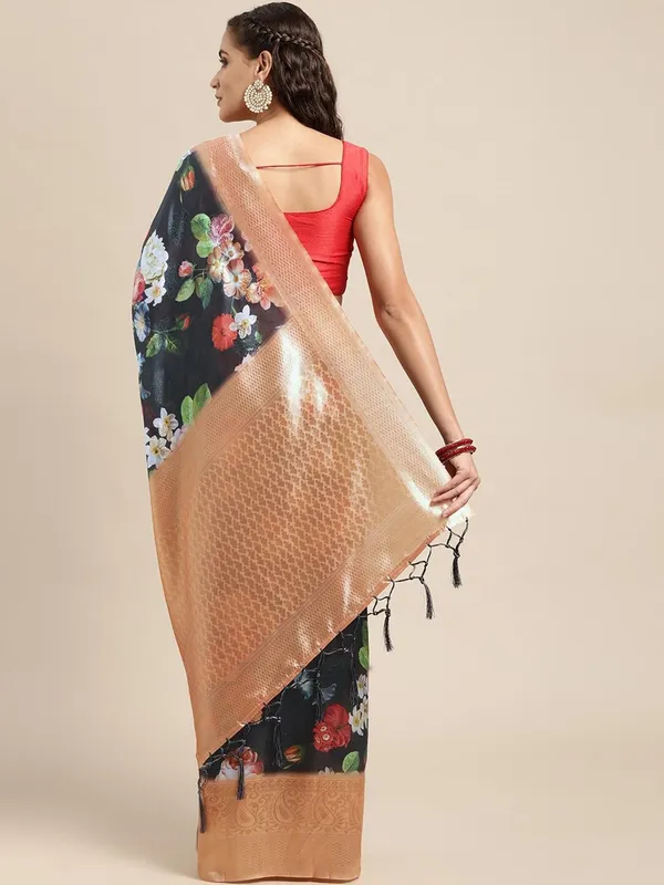 Black_Cotton_Silk_Premium_&_Elegant_(_Digital_Printed_Zari_Woven_Border_And_Rich_Pallu_)_Banarasi_Saree_With_Blouse_Piece_For_Women