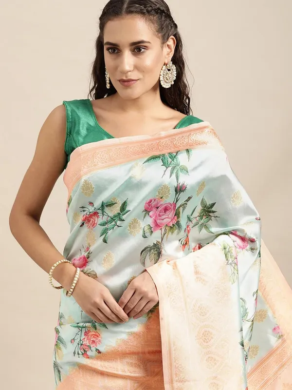 Bluish_Green_Cotton_Silk_Premium_&_Elegant_(_Digital_Printed_Zari_Woven_Border_And_Rich_Pallu_)_Banarasi_Saree_With_Blouse_Piece_For_Women
