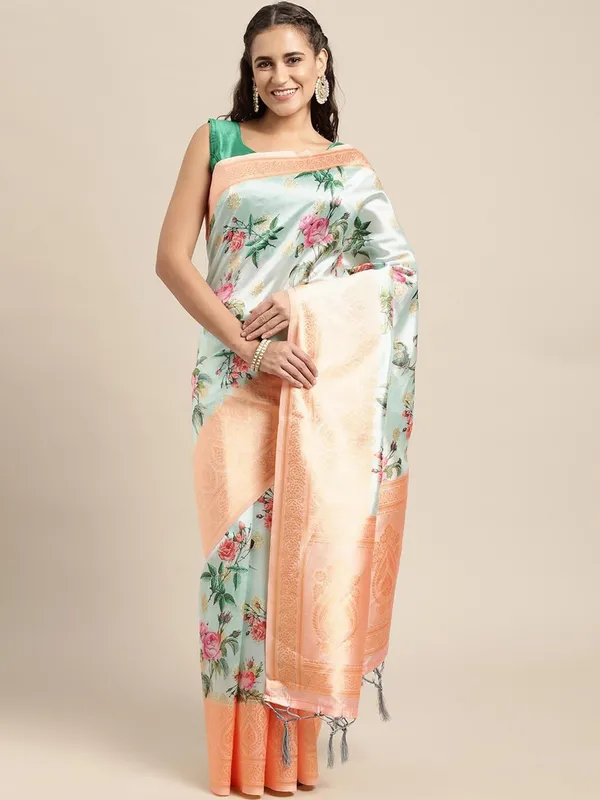 Bluish_Green_Cotton_Silk_Premium_&_Elegant_(_Digital_Printed_Zari_Woven_Border_And_Rich_Pallu_)_Banarasi_Saree_With_Blouse_Piece_For_Women