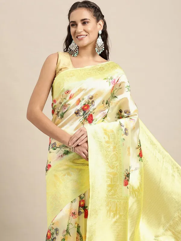 Leaf_Green_Cotton_Silk_Premium_&_Elegant_(_Digital_Printed_Zari_Woven_Border_And_Rich_Pallu_)_Banarasi_Saree_With_Blouse_Piece_For_Women
