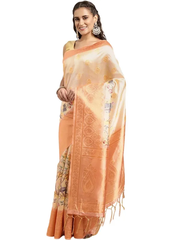 Beige_&_Orange_Cotton_Silk_Premium_&_Elegant_(_Digital_Printed_Zari_Woven_Border_And_Rich_Pallu_)_Banarasi_Saree_With_Blouse_Piece_For_Women