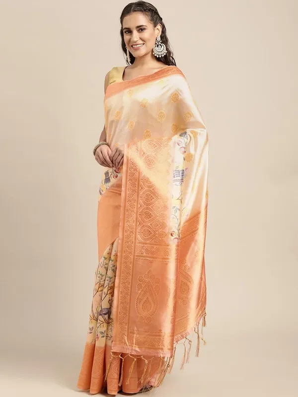 Beige_&_Orange_Cotton_Silk_Premium_&_Elegant_(_Digital_Printed_Zari_Woven_Border_And_Rich_Pallu_)_Banarasi_Saree_With_Blouse_Piece_For_Women