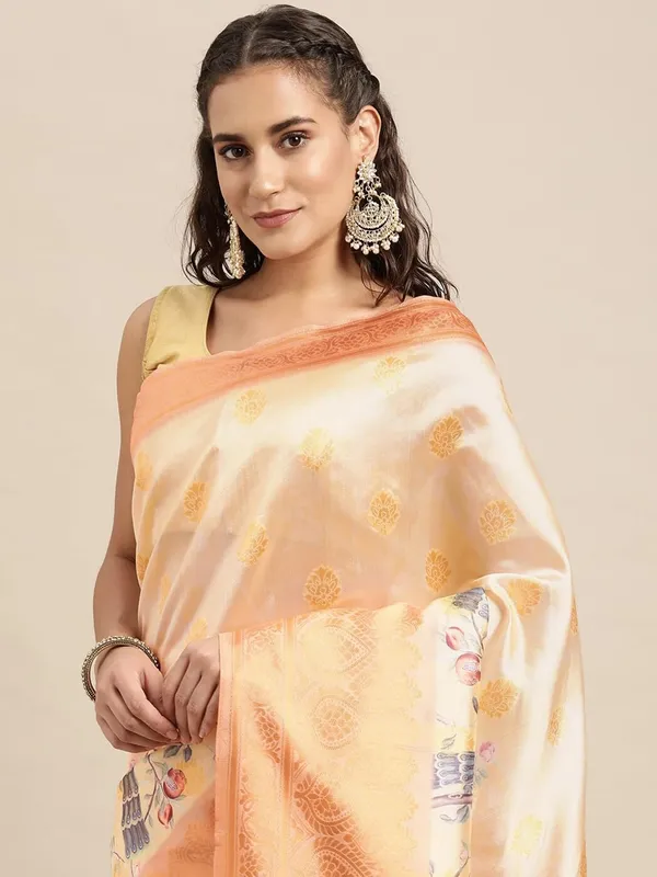 Beige_&_Orange_Cotton_Silk_Premium_&_Elegant_(_Digital_Printed_Zari_Woven_Border_And_Rich_Pallu_)_Banarasi_Saree_With_Blouse_Piece_For_Women