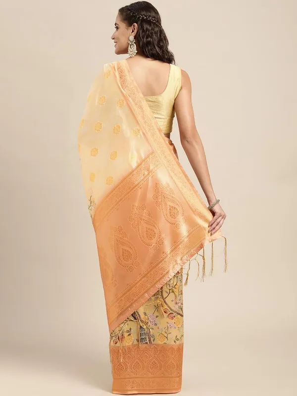Beige_&_Orange_Cotton_Silk_Premium_&_Elegant_(_Digital_Printed_Zari_Woven_Border_And_Rich_Pallu_)_Banarasi_Saree_With_Blouse_Piece_For_Women