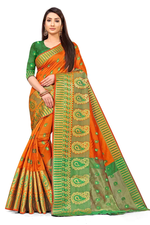 Orange_Silk___Premium_&_Elegant_(_Zari_Paisley_Butta_)_Banarasi_Saree_With_Blouse_Piece_For_Women