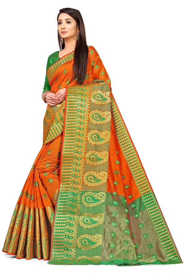 Orange_Silk___Premium_&_Elegant_(_Zari_Paisley_Butta_)_Banarasi_Saree_With_Blouse_Piece_For_Women