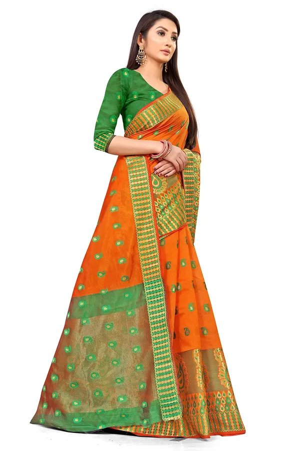 Orange_Silk___Premium_&_Elegant_(_Zari_Paisley_Butta_)_Banarasi_Saree_With_Blouse_Piece_For_Women