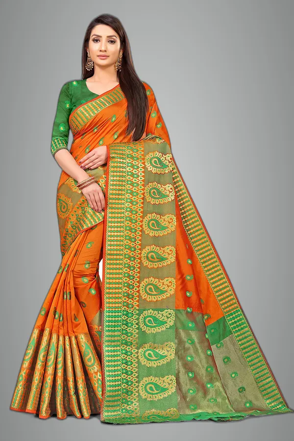 Orange_Silk___Premium_&_Elegant_(_Zari_Paisley_Butta_)_Banarasi_Saree_With_Blouse_Piece_For_Women
