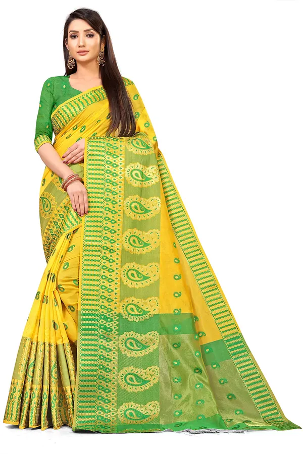 Yellow_Silk___Premium_&_Elegant_(_Zari_Paisley_Butta_)_Banarasi_Saree_With_Blouse_Piece_For_Women