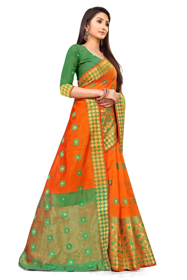 Orange_Silk___Premium_&_Elegant_(_Zari_Flower_Butta_)_Banarasi_Saree_With_Blouse_Piece_For_Women