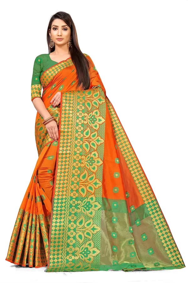 Orange_Silk___Premium_&_Elegant_(_Zari_Flower_Butta_)_Banarasi_Saree_With_Blouse_Piece_For_Women