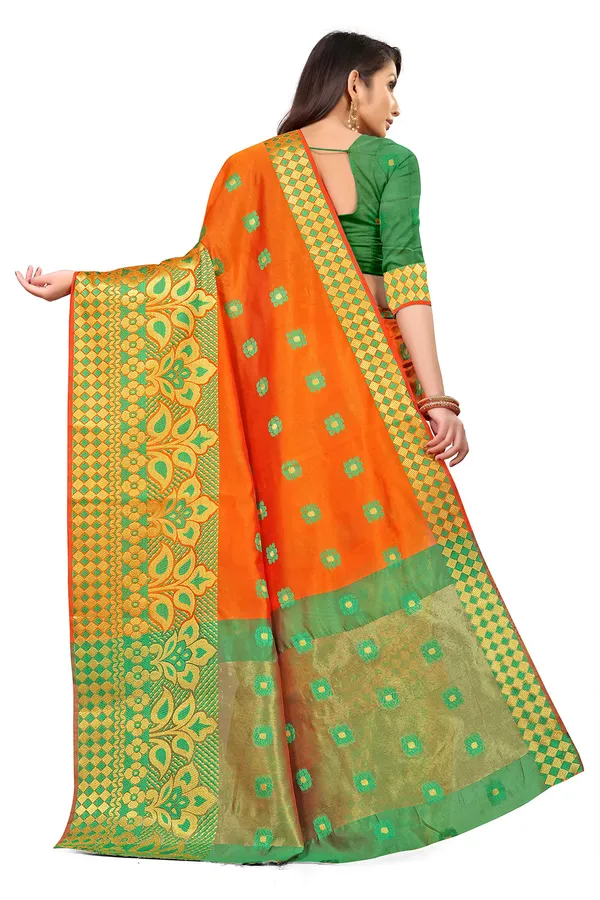 Orange_Silk___Premium_&_Elegant_(_Zari_Flower_Butta_)_Banarasi_Saree_With_Blouse_Piece_For_Women