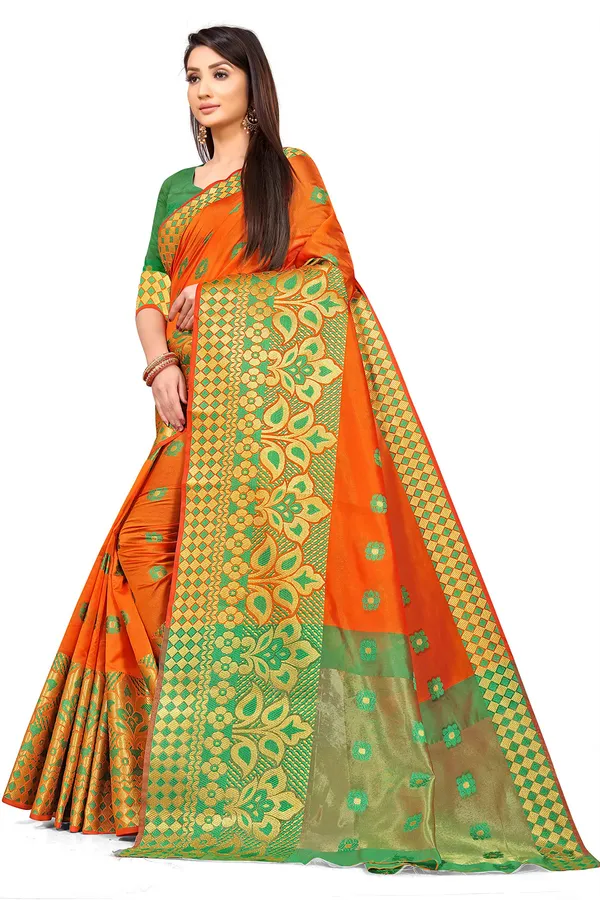 Orange_Silk___Premium_&_Elegant_(_Zari_Flower_Butta_)_Banarasi_Saree_With_Blouse_Piece_For_Women