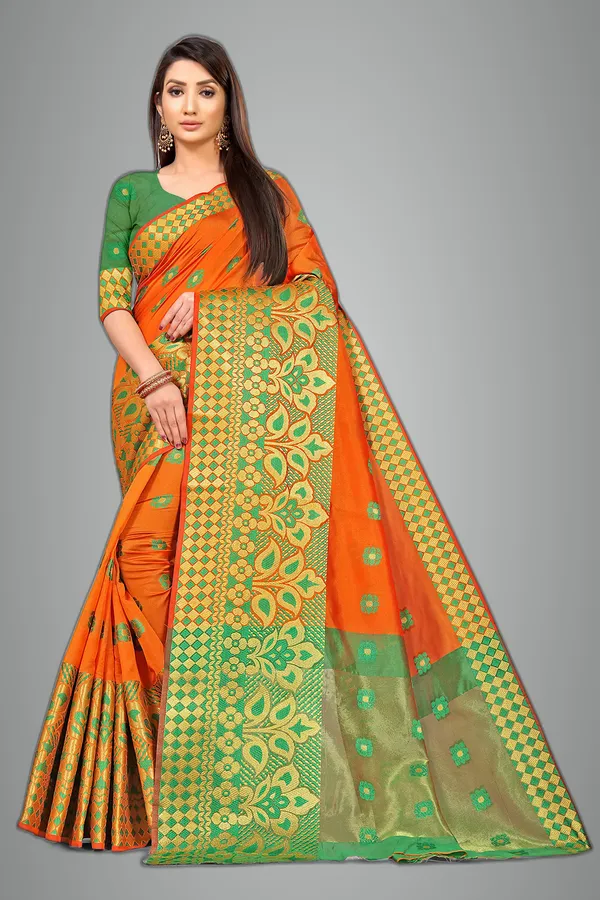 Orange_Silk___Premium_&_Elegant_(_Zari_Flower_Butta_)_Banarasi_Saree_With_Blouse_Piece_For_Women