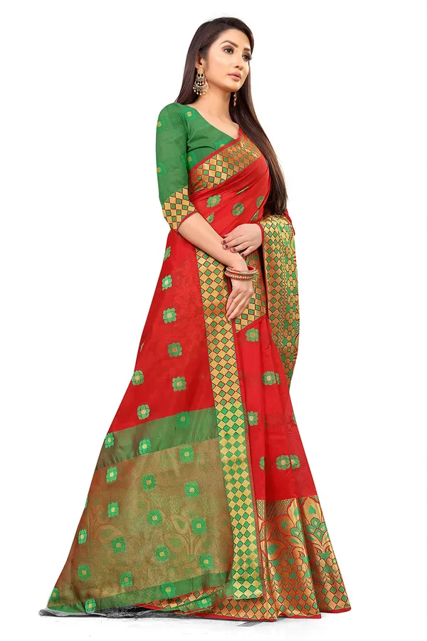 Red_Silk___Premium_&_Elegant_(_Zari_Flower_Butta_)_Banarasi_Saree_With_Blouse_Piece_For_Women