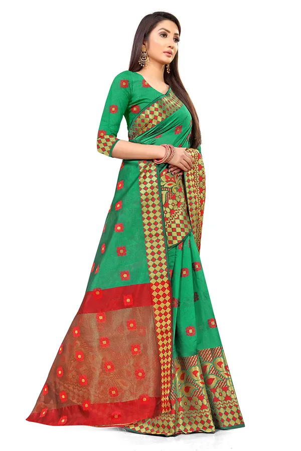 Dark_Green_Silk___Premium_&_Elegant_(_Zari_Flower_Butta_)_Banarasi_Saree_With_Blouse_Piece_For_Women