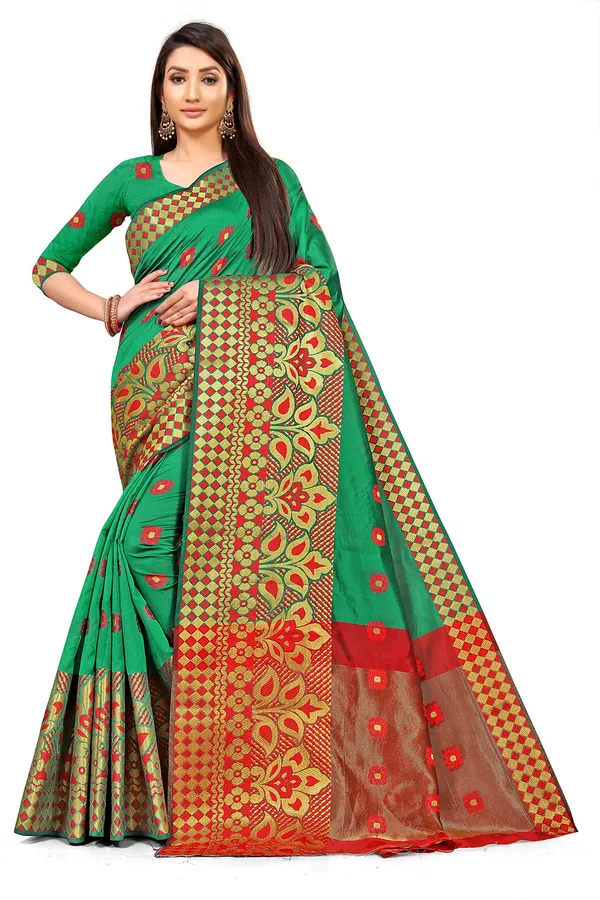 Dark_Green_Silk___Premium_&_Elegant_(_Zari_Flower_Butta_)_Banarasi_Saree_With_Blouse_Piece_For_Women