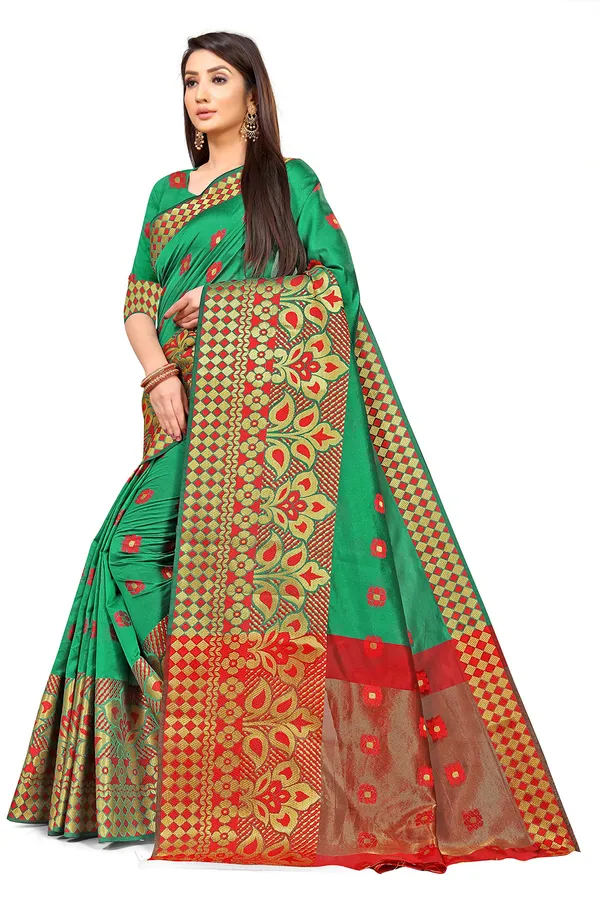 Dark_Green_Silk___Premium_&_Elegant_(_Zari_Flower_Butta_)_Banarasi_Saree_With_Blouse_Piece_For_Women