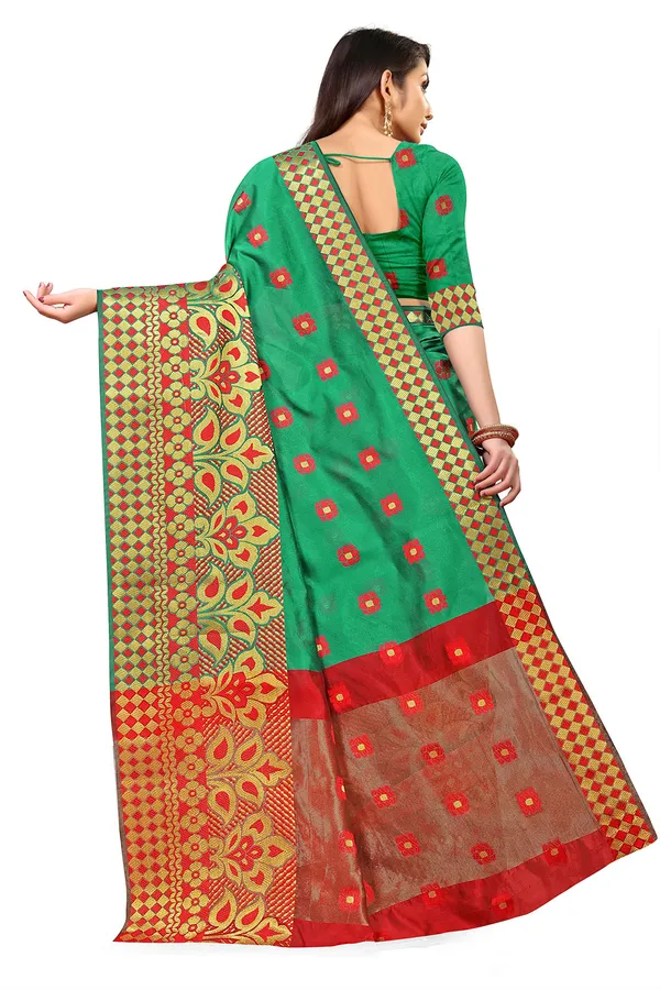 Dark_Green_Silk___Premium_&_Elegant_(_Zari_Flower_Butta_)_Banarasi_Saree_With_Blouse_Piece_For_Women