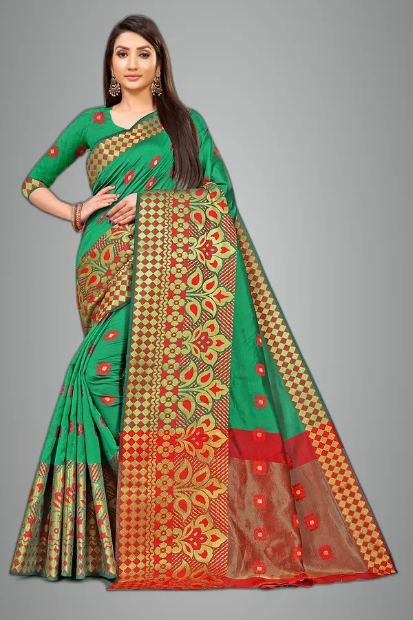 Dark_Green_Silk___Premium_&_Elegant_(_Zari_Flower_Butta_)_Banarasi_Saree_With_Blouse_Piece_For_Women