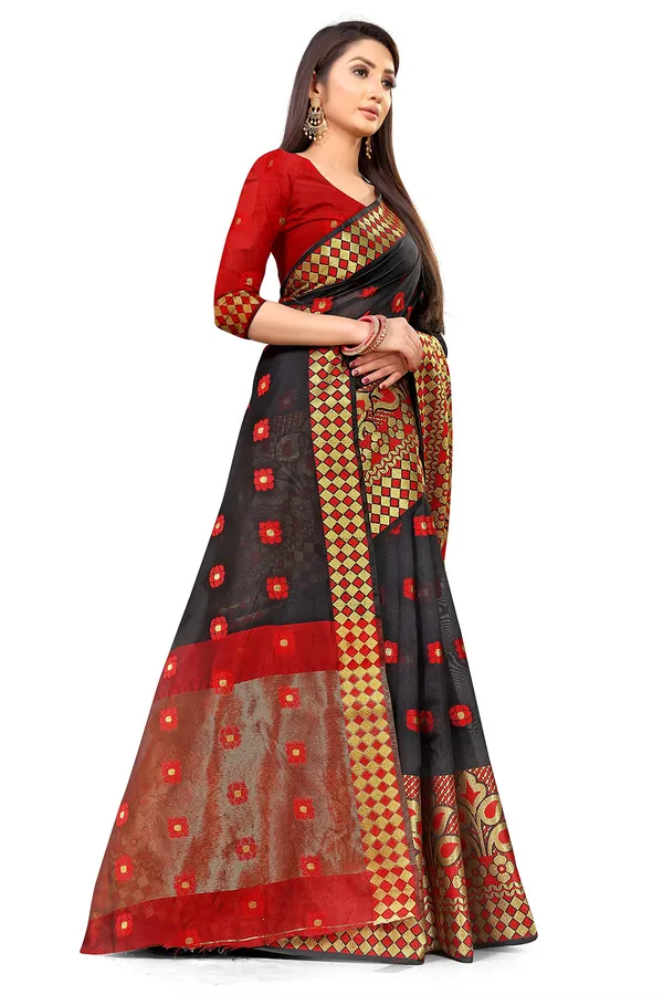 Black_Silk___Premium_&_Elegant_(_Zari_Flower_Butta_)_Banarasi_Saree_With_Blouse_Piece_For_Women