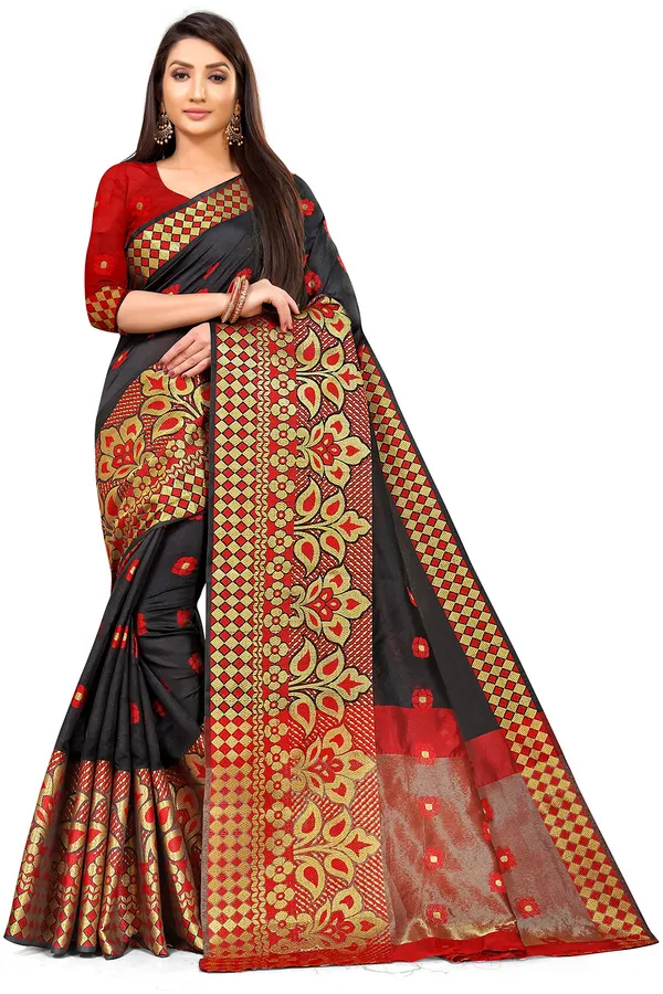 Black_Silk___Premium_&_Elegant_(_Zari_Flower_Butta_)_Banarasi_Saree_With_Blouse_Piece_For_Women