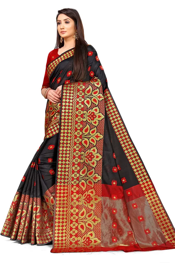 Black_Silk___Premium_&_Elegant_(_Zari_Flower_Butta_)_Banarasi_Saree_With_Blouse_Piece_For_Women