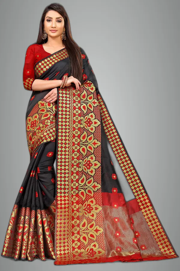 Black_Silk___Premium_&_Elegant_(_Zari_Flower_Butta_)_Banarasi_Saree_With_Blouse_Piece_For_Women