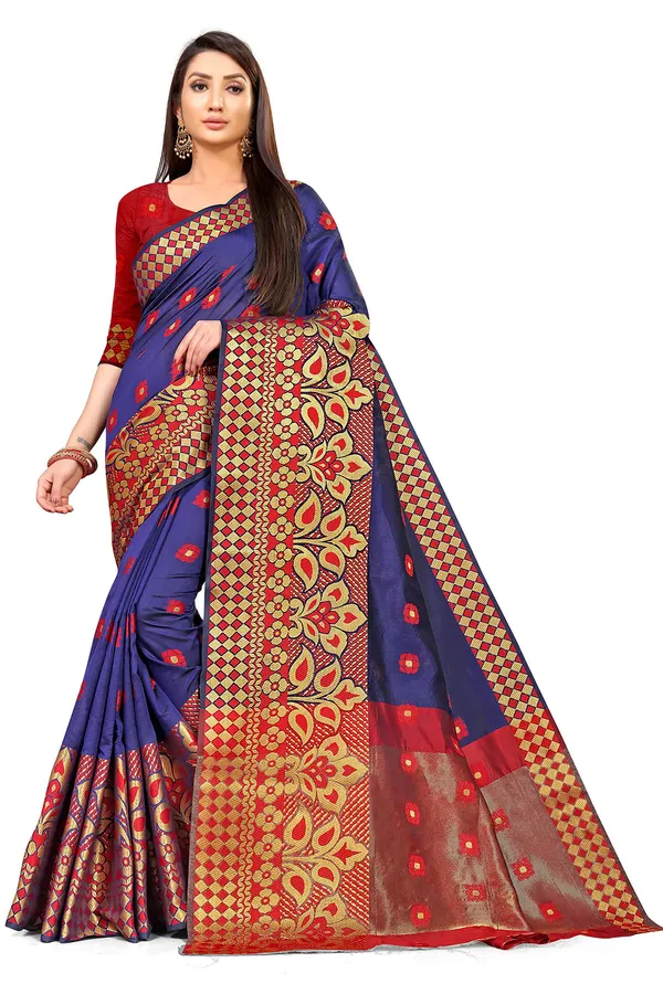 Blue_Silk___Premium_&_Elegant_(_Zari_Flower_Butta_)_Banarasi_Saree_With_Blouse_Piece_For_Women